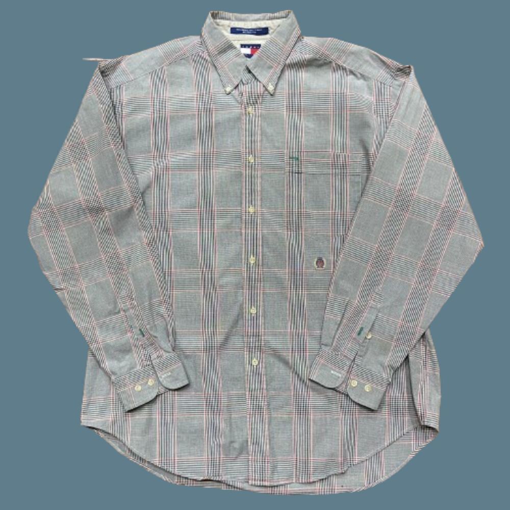 Tommy Hilfiger Vintage Y2K Button Front Grey Red Cotton Shirt Men's Size Large